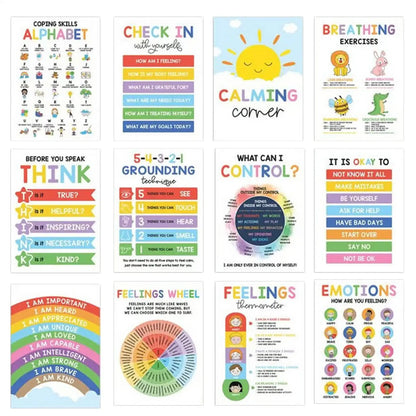 12-Piece Calming Corner Posters for Kids – Mental Health, Emotions Chart, Coping Skills, Breathing Exercises & Feelings Wheel for Classroom and Home