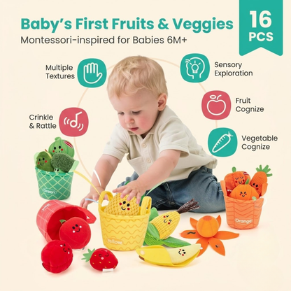 Montessori Sensory Fruit & Vegetable Sorting Toy – Plush Early Learning Set for Babies & Toddlers