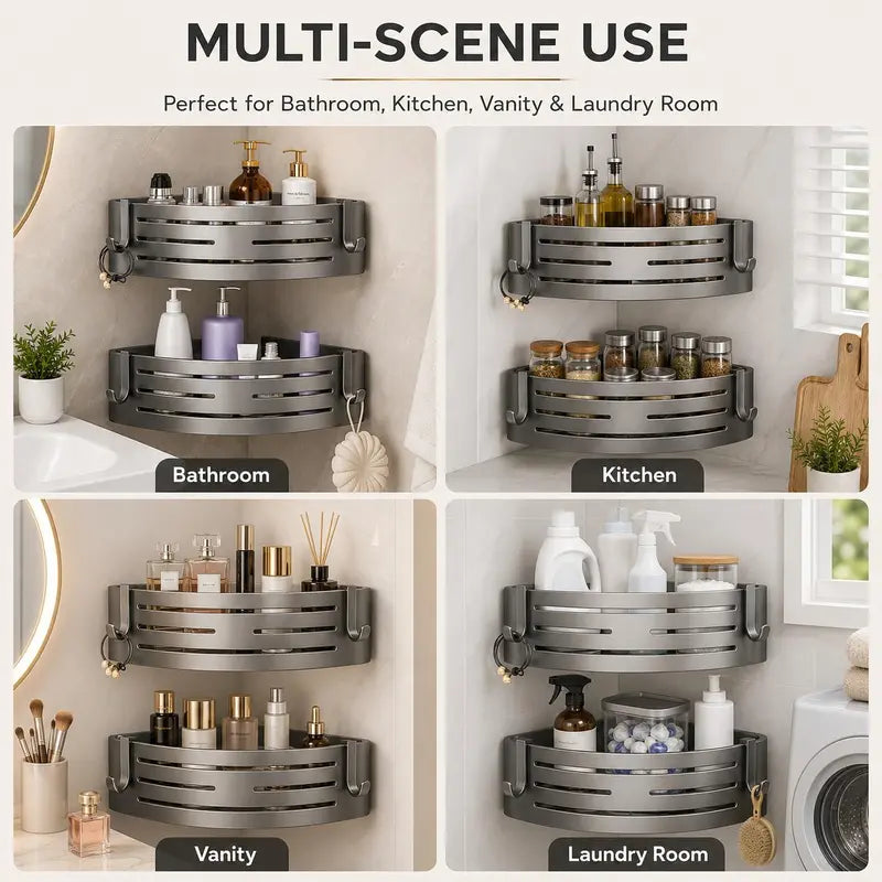 1 Pack No Drill Adhesive Corner Shower Caddy with Hooks & Toothpaste Holder