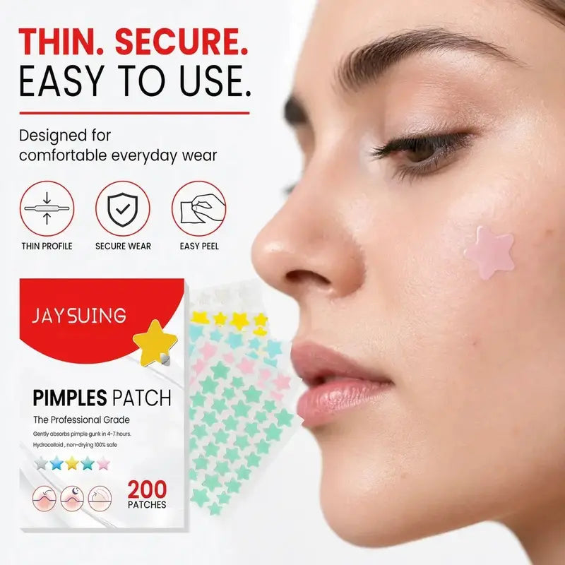 JAYSUING Pimple Patches for Face, Colorful Star Hydrocolloid Acne Patches, Cute Zit Covers & Blemish Spot Stickers, 3 Sizes, 200 Count, Skin Care Patches