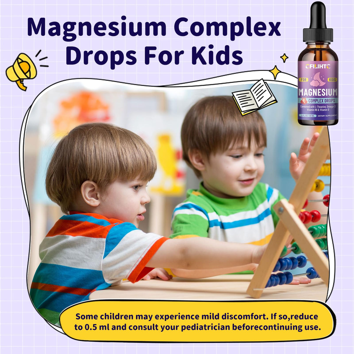 CFILIHTC Kids Magnesium Liquid Drops with L-Theanine & Omega-3 – Sleep, Calm & Brain Support (2 oz)