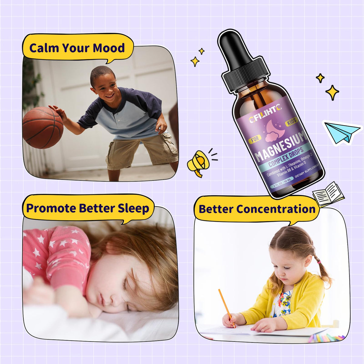 CFILIHTC Kids Magnesium Liquid Drops with L-Theanine & Omega-3 – Sleep, Calm & Brain Support (2 oz)