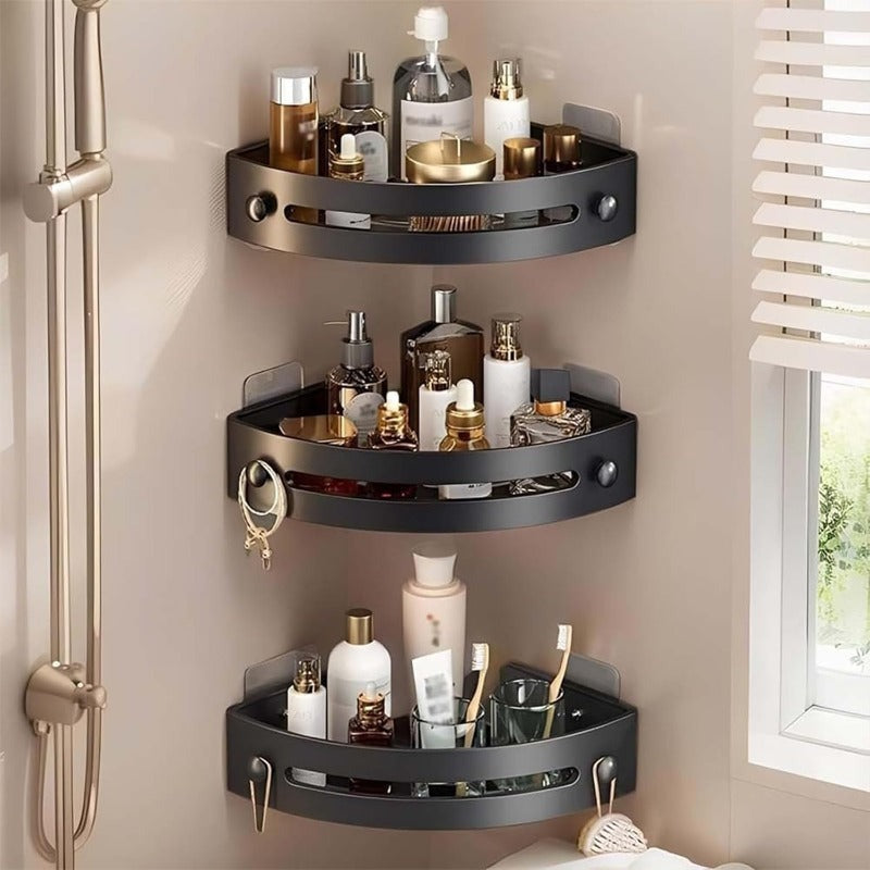 **3-Tier Black Corner Shower Shelf, No-Drill Adhesive Bathroom Organizer with Hooks