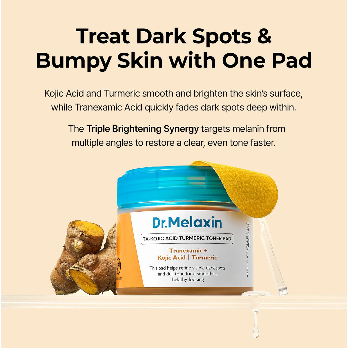 Dr.Melaxin TX Turmeric Toner Pads – 70 Sheets, Tranexamic & Kojic Acids, Brightening Korean Skincare