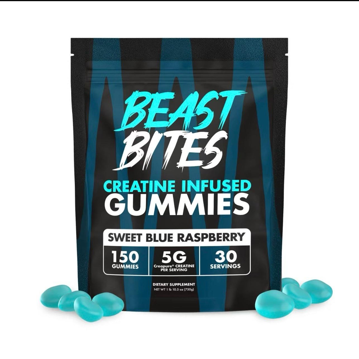 Beast Bites Creatine Gummies – 5g Creatine, Sweet Blue Raspberry – 150 Gummies