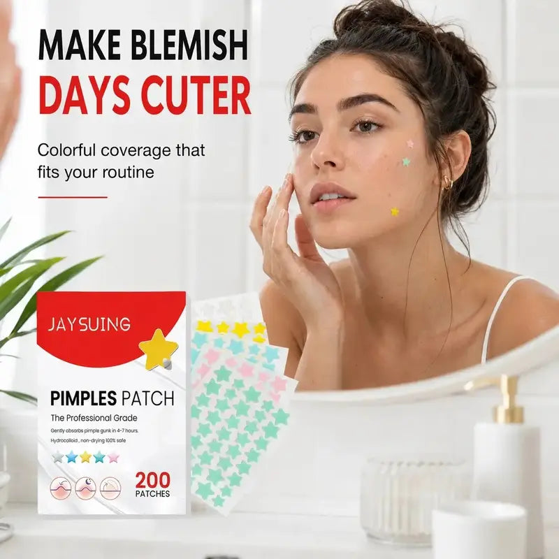 JAYSUING Pimple Patches for Face, Colorful Star Hydrocolloid Acne Patches, Cute Zit Covers & Blemish Spot Stickers, 3 Sizes, 200 Count, Skin Care Patches