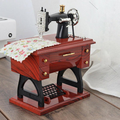 Vintage Mini Sewing Machine Music Box with Drawer – Retro Wooden Treadle Sewing Machine Decor