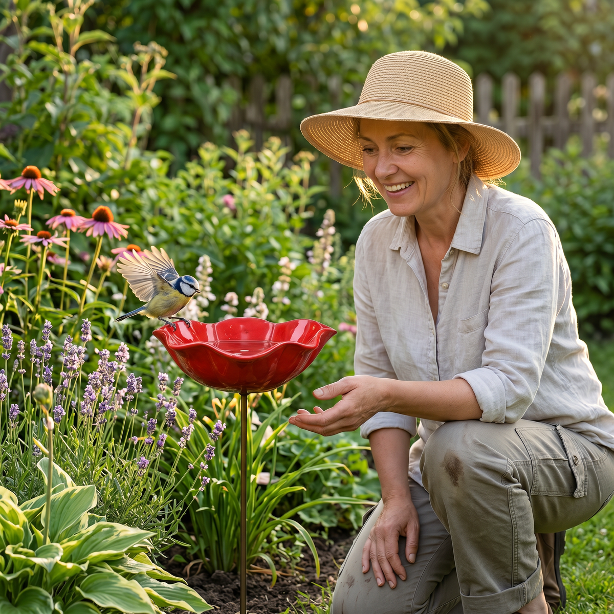 Red Flower Bird Bath Garden Stake – Decorative Outdoor Bird Water Feeder for Gardens & Flower Beds
