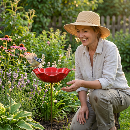 Red Flower Bird Bath Garden Stake – Decorative Outdoor Bird Water Feeder for Gardens & Flower Beds