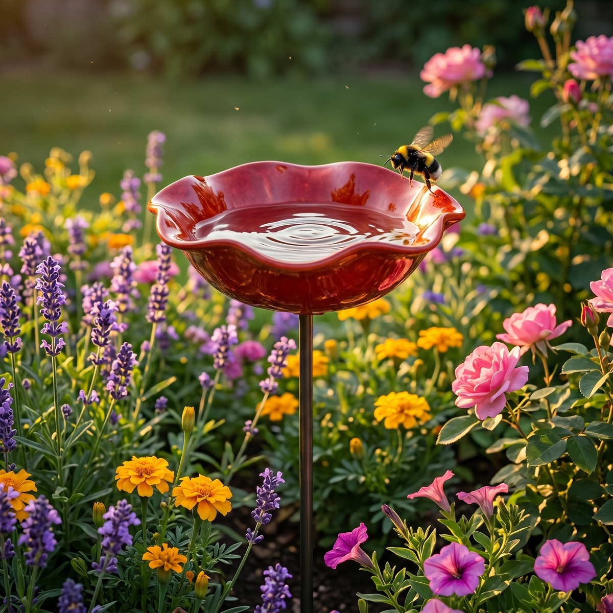 Red Flower Bird Bath Garden Stake – Decorative Outdoor Bird Water Feeder for Gardens & Flower Beds