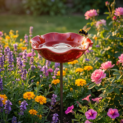 Red Flower Bird Bath Garden Stake – Decorative Outdoor Bird Water Feeder for Gardens & Flower Beds