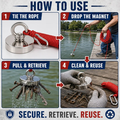 🔥🛠️Strong Neodymium Fishing Magnet Kit with 304 Stainless Steel Eyebolt, Red Rope & Carabiner for Treasure Hunting and Metal Retrieval
