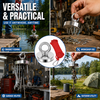 🔥🛠️Strong Neodymium Fishing Magnet Kit with 304 Stainless Steel Eyebolt, Red Rope & Carabiner for Treasure Hunting and Metal Retrieval