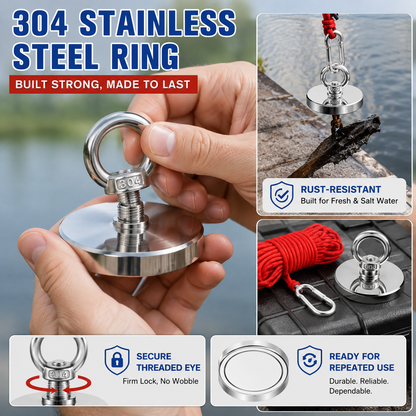 🔥🛠️Strong Neodymium Fishing Magnet Kit with 304 Stainless Steel Eyebolt, Red Rope & Carabiner for Treasure Hunting and Metal Retrieval