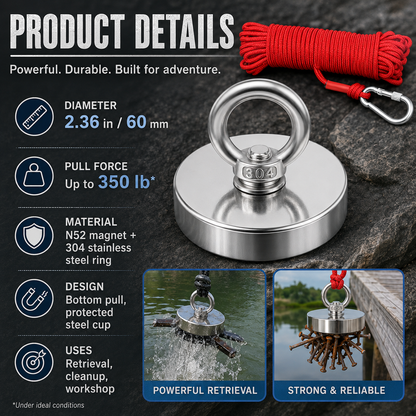 🔥🛠️Strong Neodymium Fishing Magnet Kit with 304 Stainless Steel Eyebolt, Red Rope & Carabiner for Treasure Hunting and Metal Retrieval