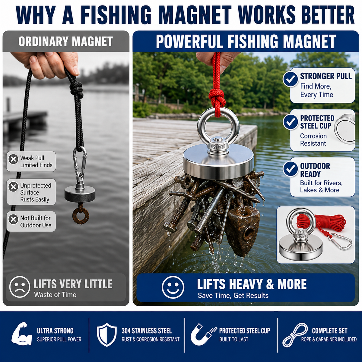 🔥🛠️Strong Neodymium Fishing Magnet Kit with 304 Stainless Steel Eyebolt, Red Rope & Carabiner for Treasure Hunting and Metal Retrieval