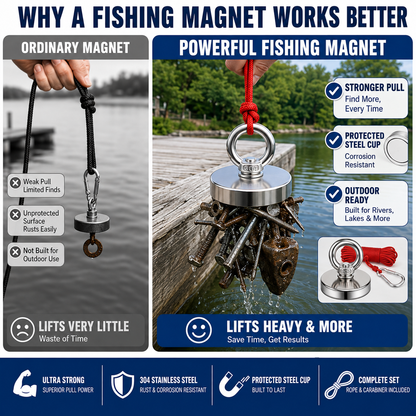🔥🛠️Strong Neodymium Fishing Magnet Kit with 304 Stainless Steel Eyebolt, Red Rope & Carabiner for Treasure Hunting and Metal Retrieval