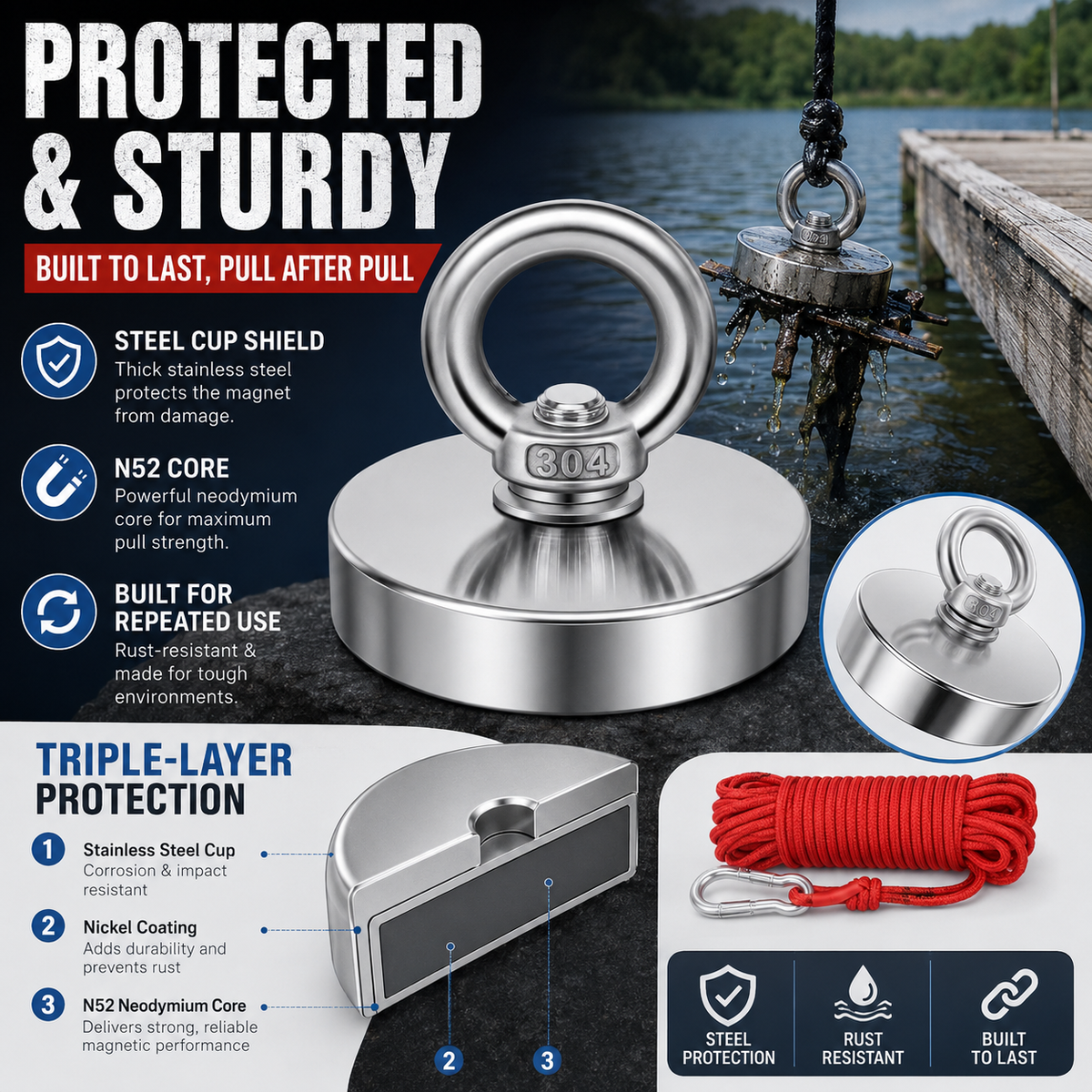 🔥🛠️Strong Neodymium Fishing Magnet Kit with 304 Stainless Steel Eyebolt, Red Rope & Carabiner for Treasure Hunting and Metal Retrieval