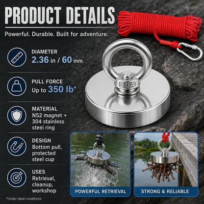 🔥🛠️Strong Neodymium Fishing Magnet Kit with 304 Stainless Steel Eyebolt, Red Rope & Carabiner for Treasure Hunting and Metal Retrieval