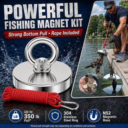 🔥🛠️Strong Neodymium Fishing Magnet Kit with 304 Stainless Steel Eyebolt, Red Rope & Carabiner for Treasure Hunting and Metal Retrieval
