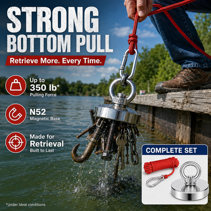 🔥🛠️Strong Neodymium Fishing Magnet Kit with 304 Stainless Steel Eyebolt, Red Rope & Carabiner for Treasure Hunting and Metal Retrieval