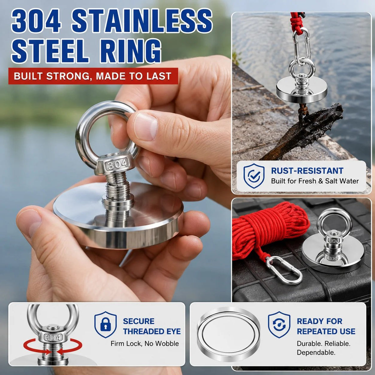🔥🛠️Strong Neodymium Fishing Magnet Kit with 304 Stainless Steel Eyebolt, Red Rope & Carabiner for Treasure Hunting and Metal Retrieval