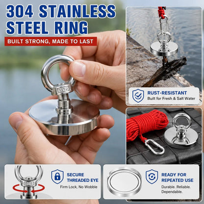 🔥🛠️Strong Neodymium Fishing Magnet Kit with 304 Stainless Steel Eyebolt, Red Rope & Carabiner for Treasure Hunting and Metal Retrieval