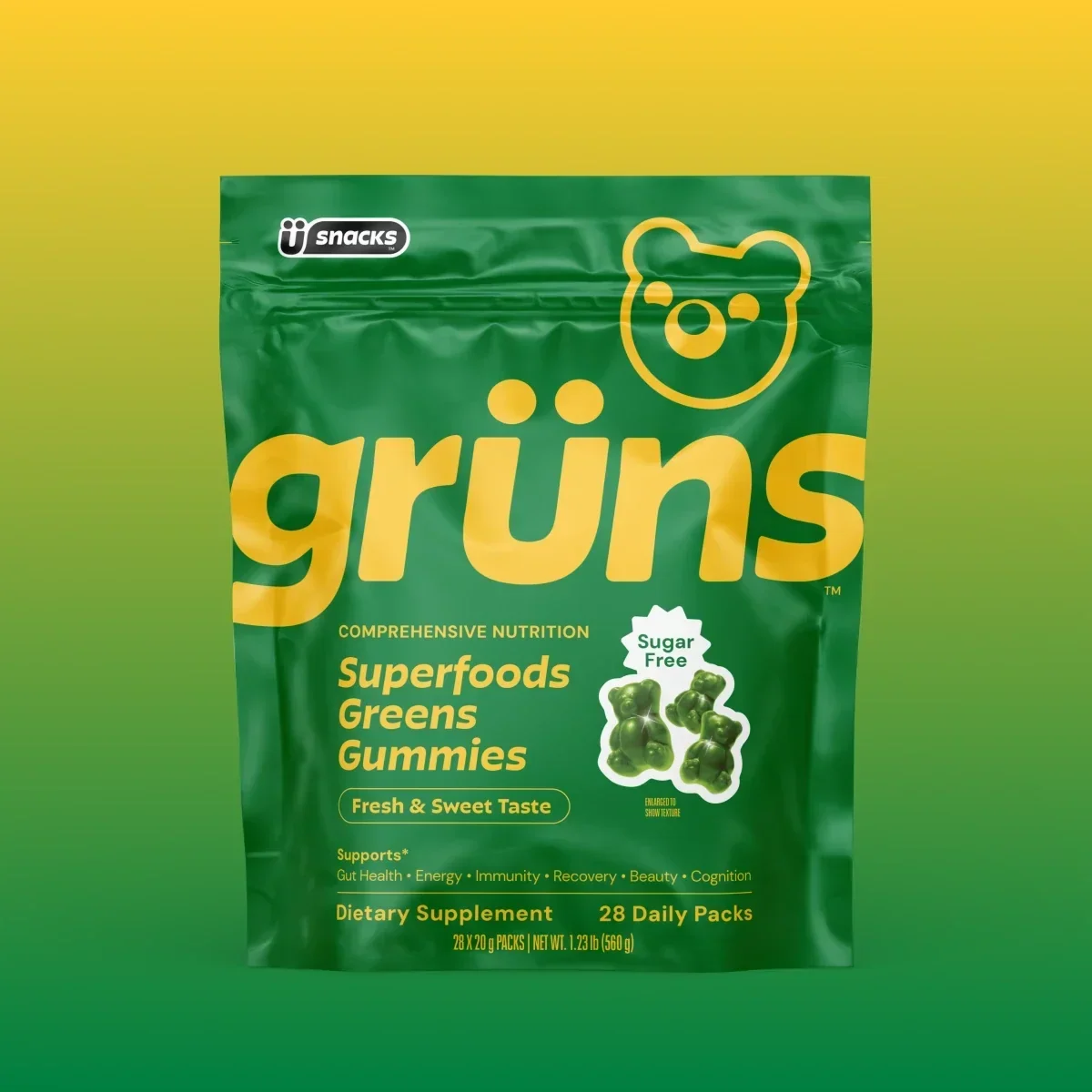 Grüns Superfood Greens Gummies – 60+ Nutrients for Daily Wellness, Gut Health & Energy, 28 Daily Packs