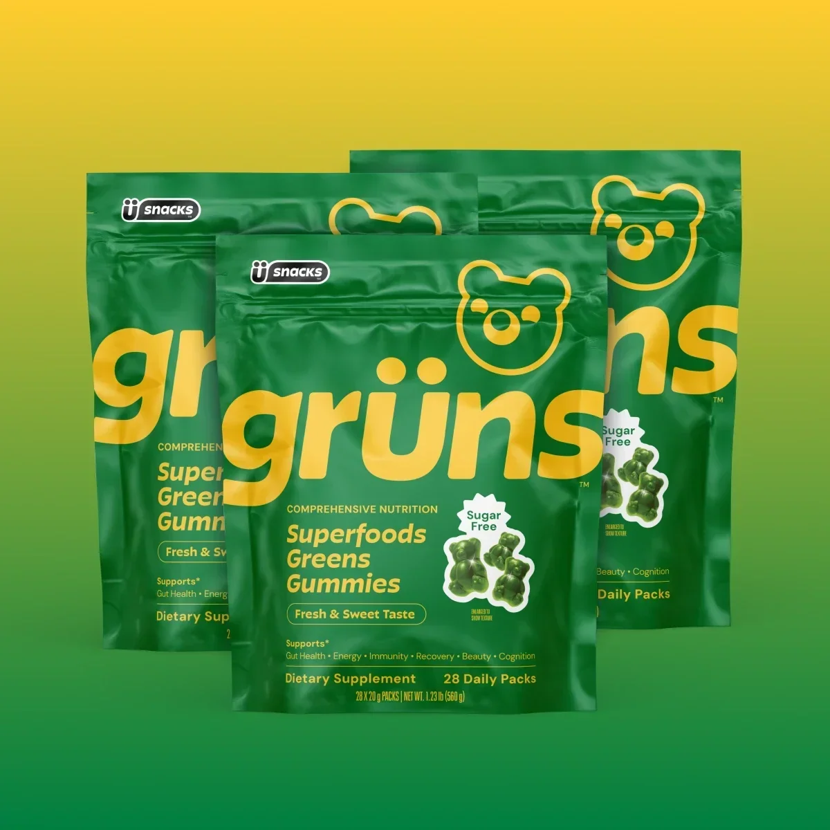 Grüns Superfood Greens Gummies – 60+ Nutrients for Daily Wellness, Gut Health & Energy, 28 Daily Packs