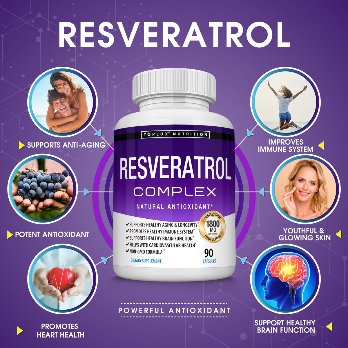 Toplux Nutrition Resveratrol Complex 1800mg – Antioxidant Support – 90 Capsules