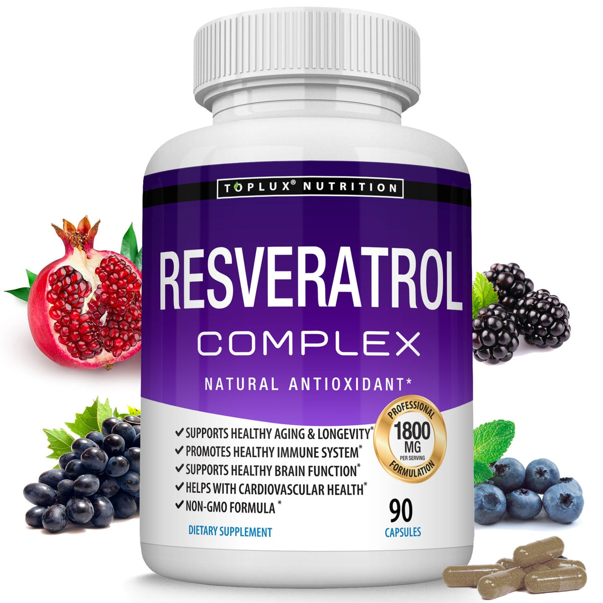 Toplux Nutrition Resveratrol Complex 1800mg – Antioxidant Support – 90 Capsules