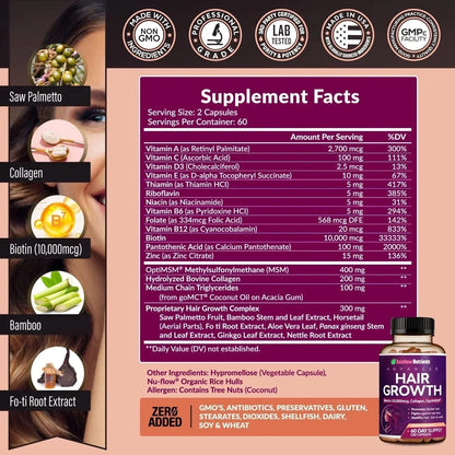 Rainbow Nutrients ADVANCED Hair-Growth Vitamins – Biotin 10,000mcg Collagen New