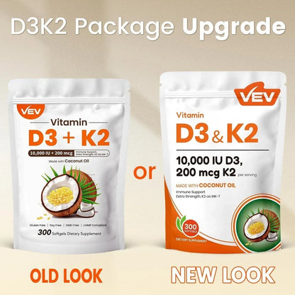 VEV Vitamin D3 & K2 10000 IU.300 Coconut Oil Softgels, 2-in-1