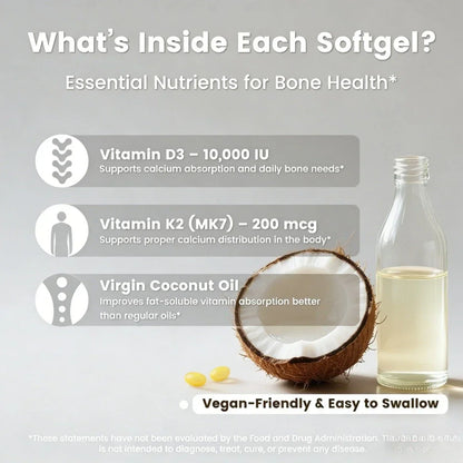 VEV Vitamin D3 & K2 10000 IU.300 Coconut Oil Softgels, 2-in-1