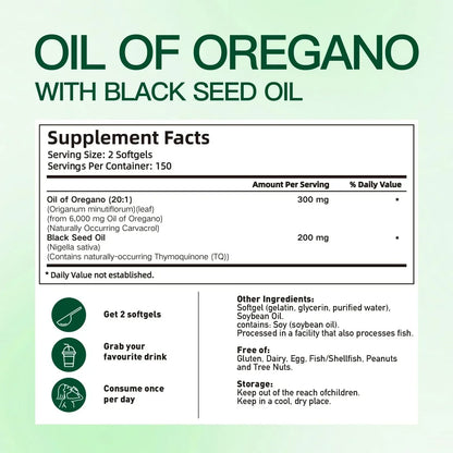 Aceite De Oregano En 300 Capsulas Con Carvacrol y Timol Black Seed Oil 6200 mg