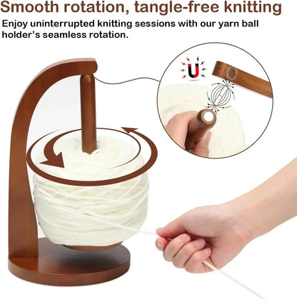 Wooden Yarn Holder Rotating Magnetic Spinning Knitting Crochet Spinner Tool，Natural Wood / Light Brown