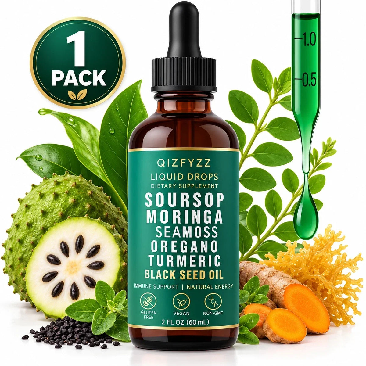 Qizfyzz Soursop Bitters Liquid Drops Moringa Turmeric 2 Fl Oz 1 Bottle