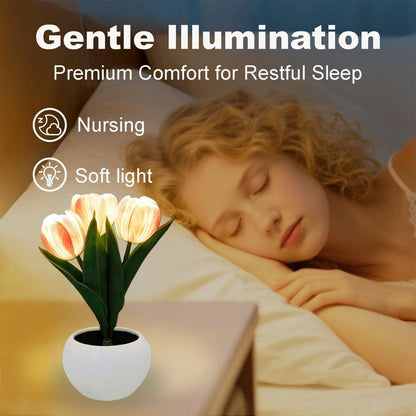 Tulip Flower Table Lamp Pink LED Desk Night Light Vase Artificial Decor