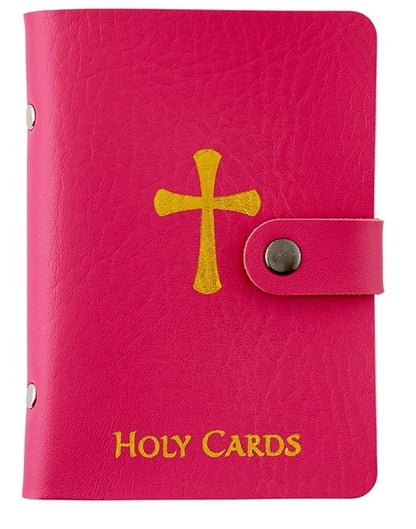 Pink Faux Leather Holy Card Holder with Gold Cross & Snap Closure