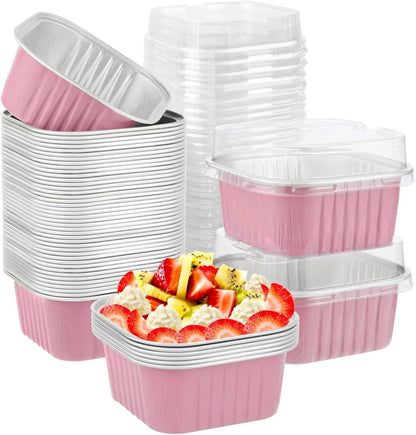 50 Pcs Aluminum Foil Mini Square Baking Cups with Lids,5oz Disposable Ramekins