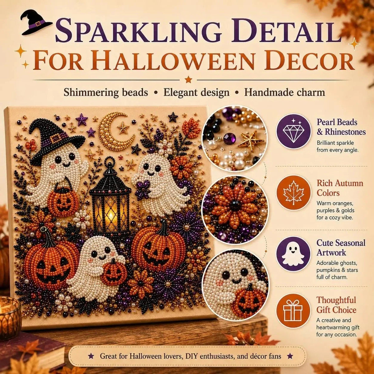Halloween Ghost Pearl Art DIY Kit, Spooky Cute 3D Diamond Painting Crafts Gifts