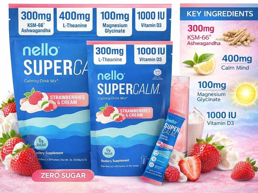SuperCalm Strawberry & Cream Drink Mix – Calming Powder with Ashwagandha, L-Theanine & Magnesium, 20 Packets