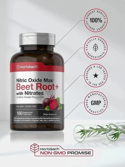 Nitric Oxide Beet Root Capsules | With Nitrates | 180 Count | by Horbaach