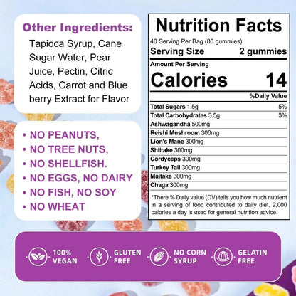 Organic & Functional Mushroom Gummies Supplement ASHWAGANDHA,REISHI