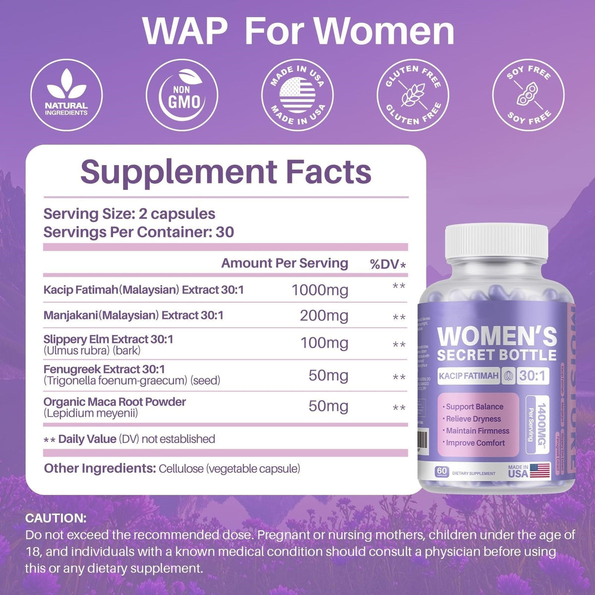 60 Capsules Vaginal Moisturizer Kacip Fatimah 1,000mg&Manjakni 200mg for Female
