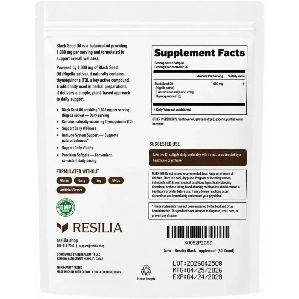 Resilia 100% Ethiopian Black Seed Oil 1000 MG ~ 60 Softgels Organic Natural